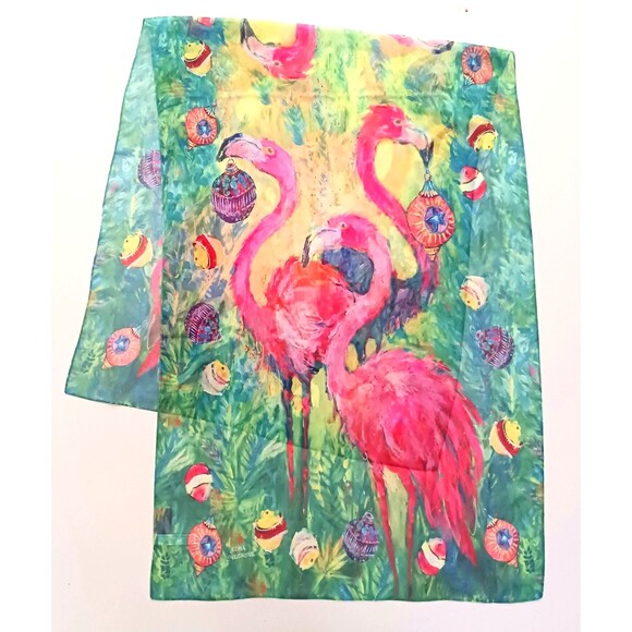 NEW Leoma Lovegrove XMAS Flamingo Bright Colorful Scarf/Wrap 24X64 Rolled Edge - Picture 1 of 4